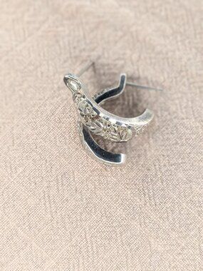 925 Sterling Silver Floral Half Hoop Earrings Botanical Vintage